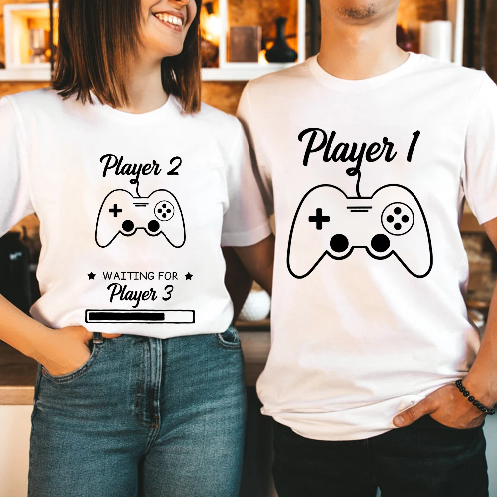 Couple Matching  T-Shirt Funny Game Player 1 Player 2 Shirts Short Sleeve Loose Women Men Tshirt Pregnancy Announcement Tops