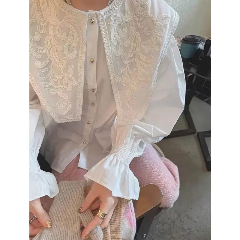 Kimotimo White Shirt Women Korean Chic Embroidery Doll Collar Loose Ladies Tops Autumn Winter Flare Sleeve Fashion Blouse