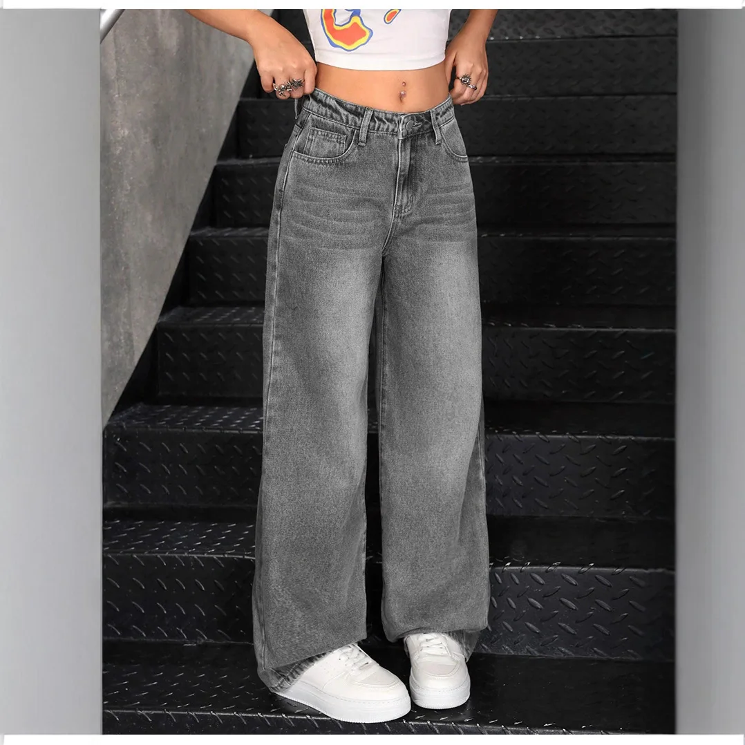 Denim Jeans Women Solid Jean Zipper Fly Empire Waist Full Length Straight Pants Slight Strech Loose Fit Streetwear 2025 Autumn