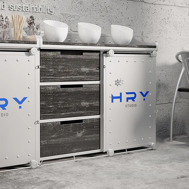 LH industrial style dining side cabinet wrought iron container locker restaurant preparation cabinet seasoning table