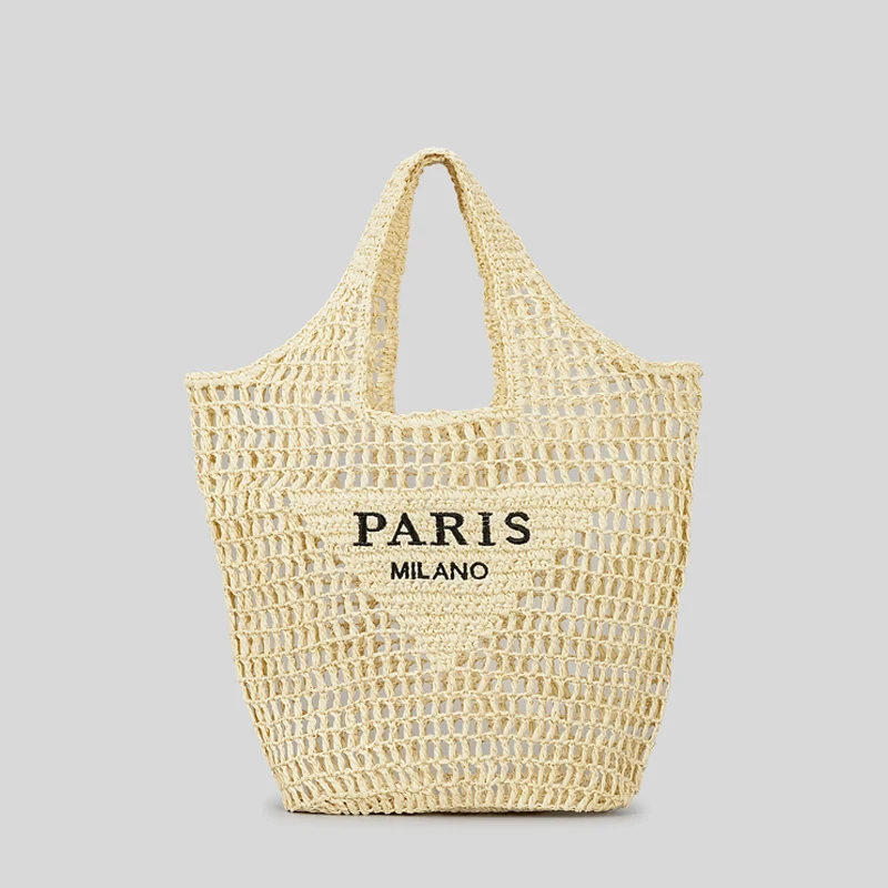 Casual Hollow Straw Women Shoulder Bags Designer Letters Handbags Paper Woven Large Tote Bag Handmade Summer Beach Purses 2024