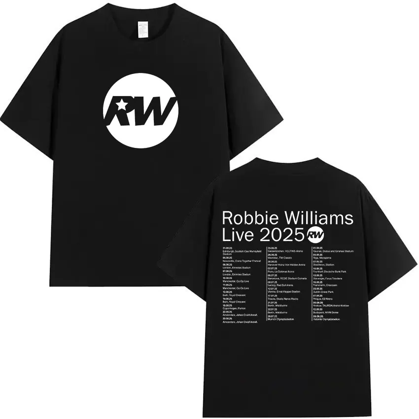 

Robbie Williams Live Tour 2025 Rw Logo T-Shirt Men's Hip Hop Fashion Short Sleeve T Shirt Unisex Retro Pure Cotton Tops T-shirts