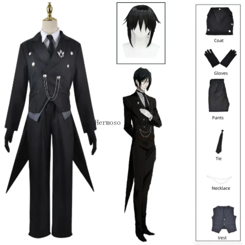 Black Butler Cosplay Japanese Anime Kuroshitsuji Sebastian Michaelis Cosplay Costume Unisex Uniforms Black Suit Wig Uniform