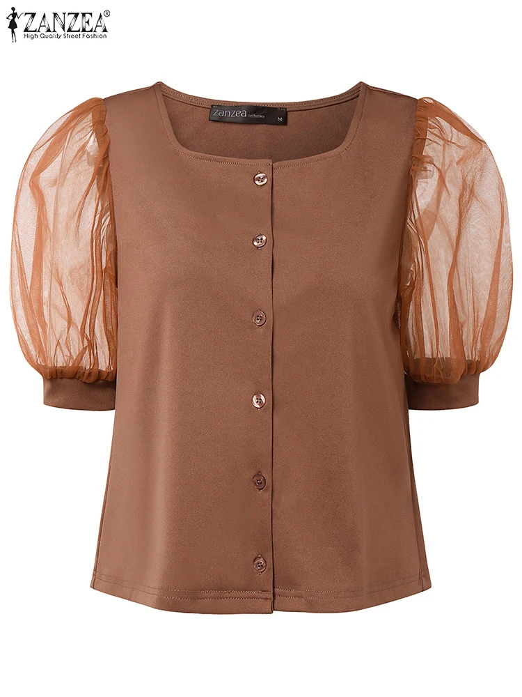 حجم كبير 5XL ZANZEA أنيقة مكتب سيدة قمصان النساء شبكة المرقعة بلوزة مثير ساحة طوق الصلبة عادية تونك بلوزات على الموضة