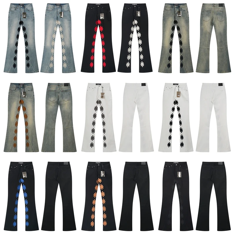 

Fall LOST SHDWS JEANS Fashion All-match Men Women Micro Flared Stretch Jeans Color Embroidery Flower Logo Lostshdws Trousers