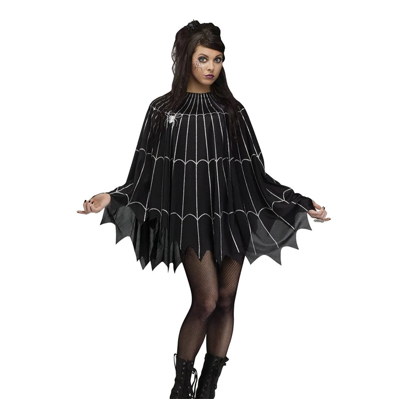 2025 Nuovo arrivo femminile nero spaventoso ragnatela Halloween Dress Up Costume da poncho ragnatela per adulti