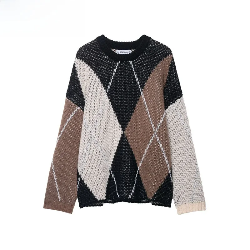 

Faionable round Ne Long Sve Diamond Pattern Knitted Sweater Street Sle Loose Fit Polyester Fiber Warm Thermal Women'...