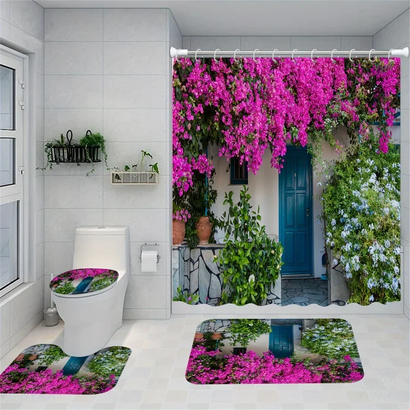 

4 шт., набор занавесок для душа с садовым принтом, декоративный набор для ванной комнаты, включая водонепроницаемая занавеска для душа с крючками, нескользящая