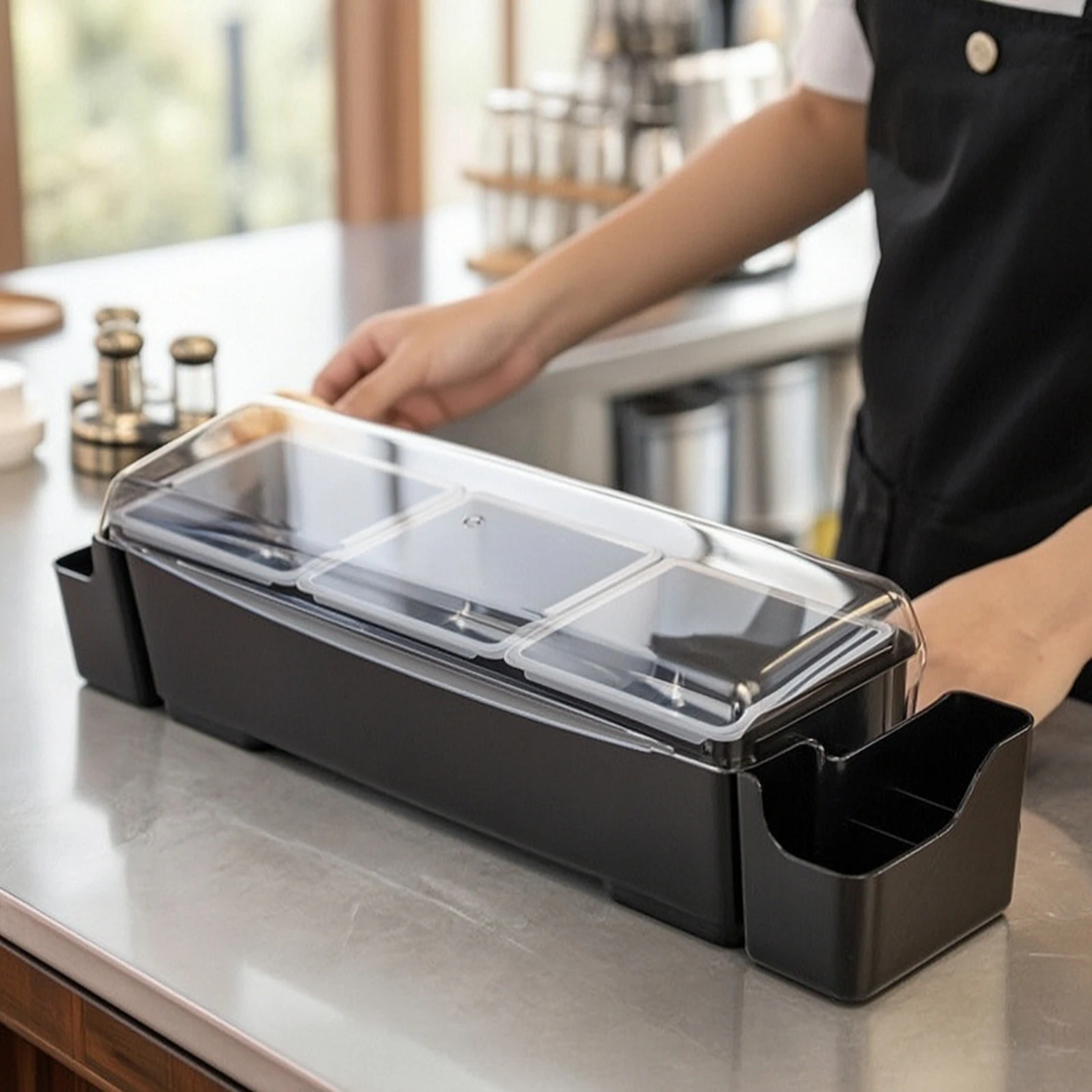 Bar Organizer with Clear Cover Easy to Clean Condiment Organizer with Removable Cups Condiment Holder Reusable Holder