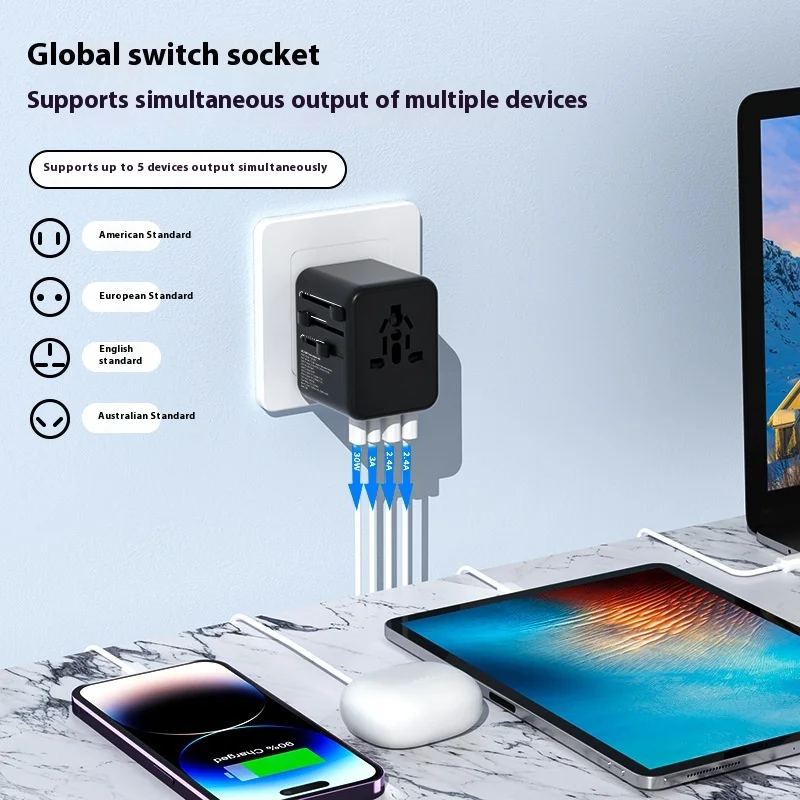 글로벌 유니버설 30W 여행용 플러그 변환기 EU 표준 무선 다기능 ABS 연장 소켓