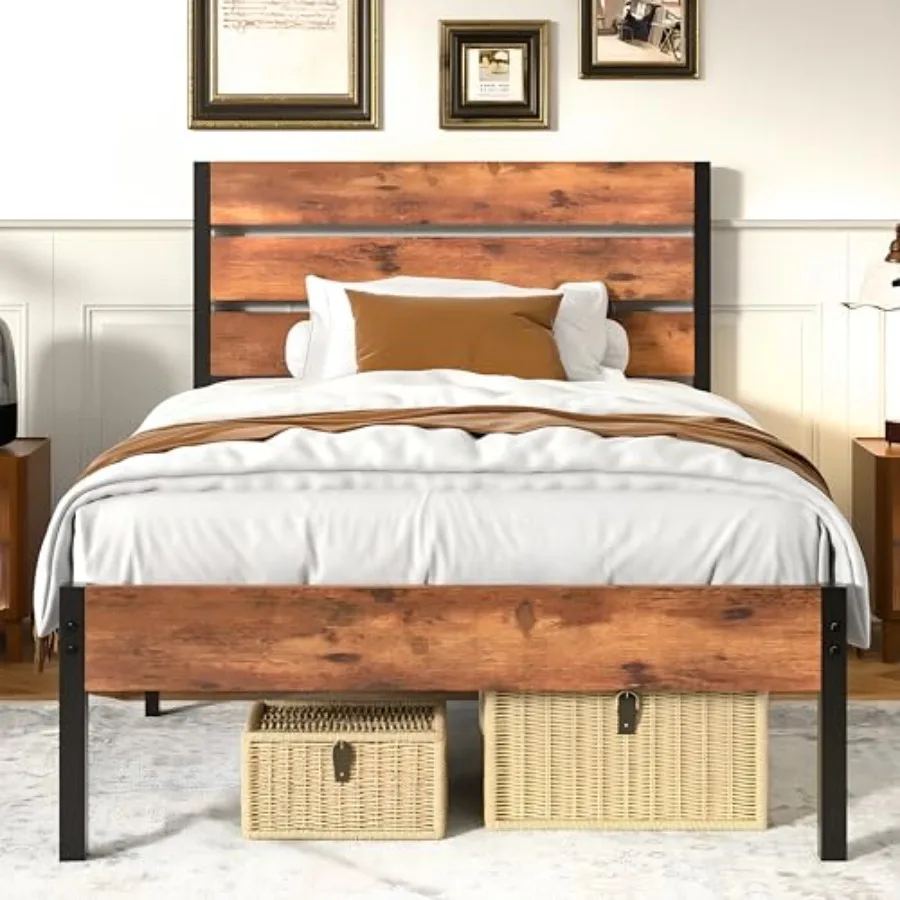 

Size Bed Frame - Heavy-Duty Metal Platform with Wood Headboard No Box Spring Needed