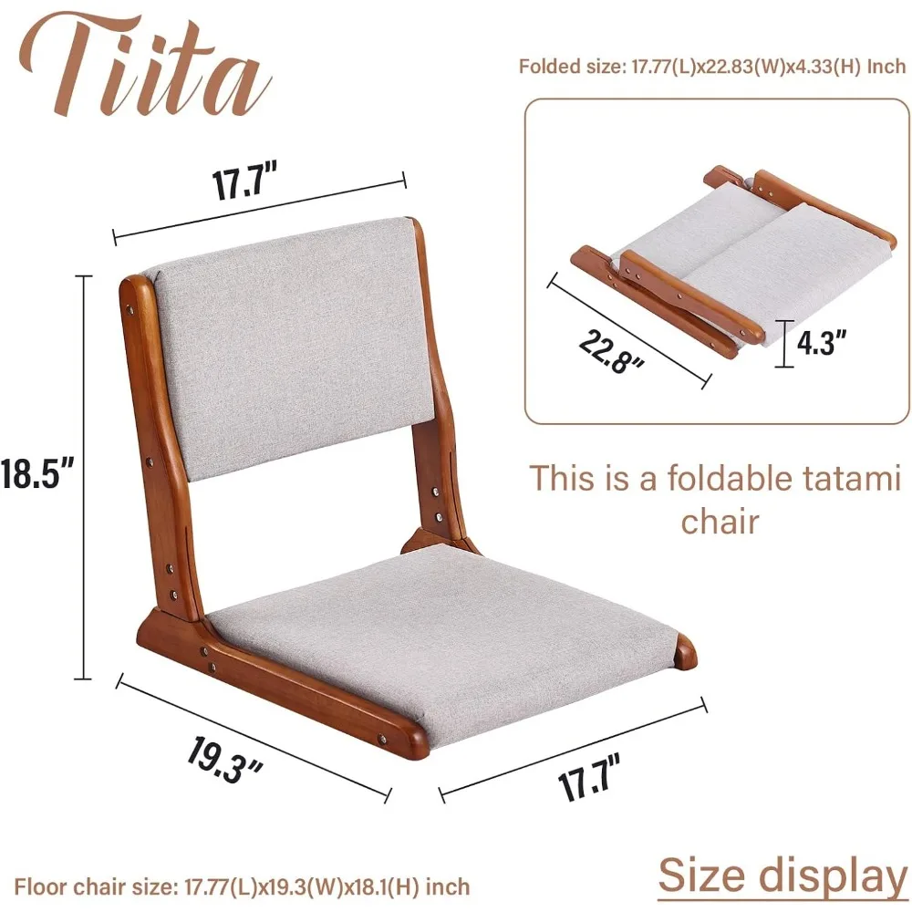 Foldable Tatami Chair, Wood Legless Back Rest Chair with Cushion, Accent Meditation Floor Chair Bay Window, Walnut Grey