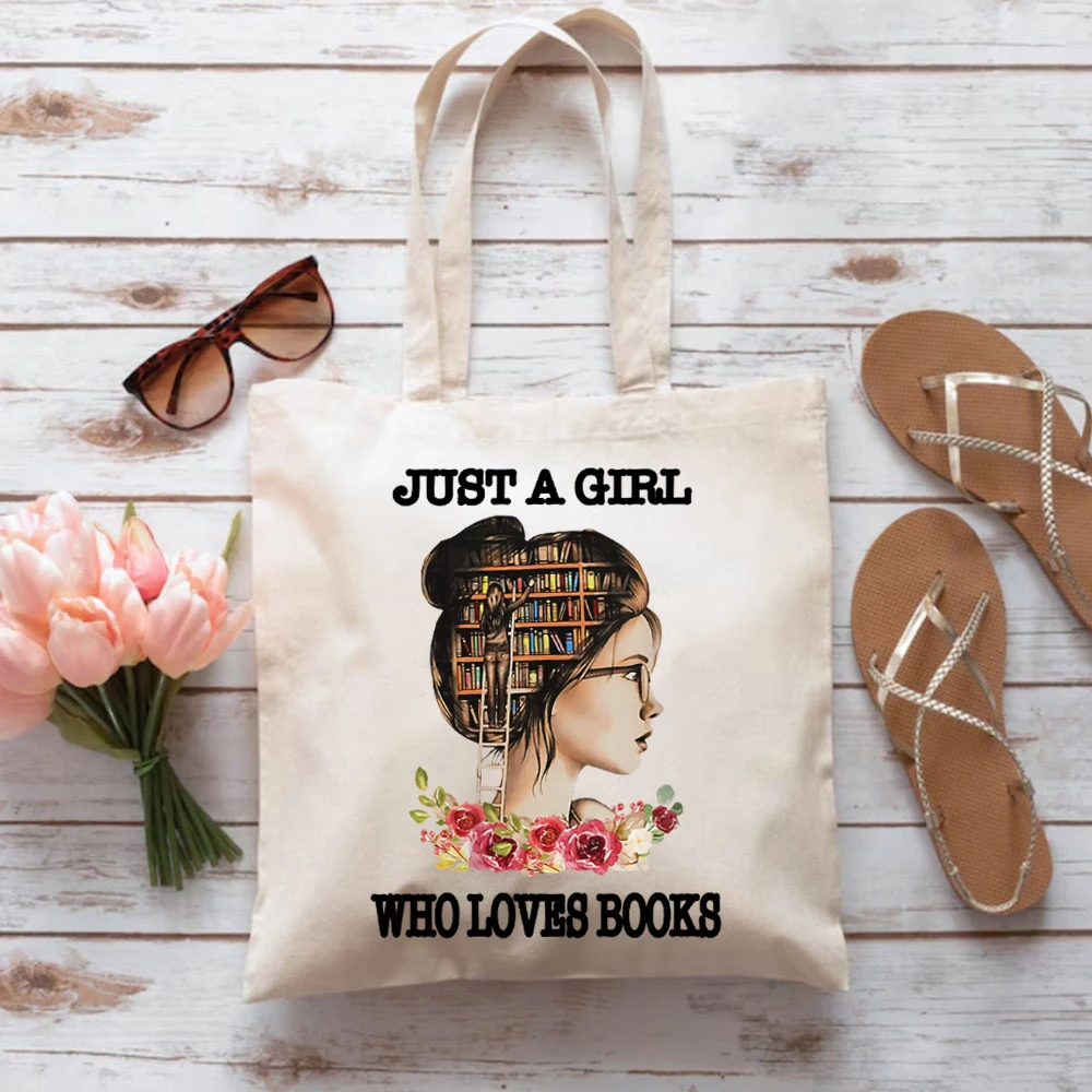 Just A Girl Who Loves Books Tote Bags Gift for Book Lover bag Women's Handbag Graphic Bags Canva Tote Bag Reading Party Bookworm