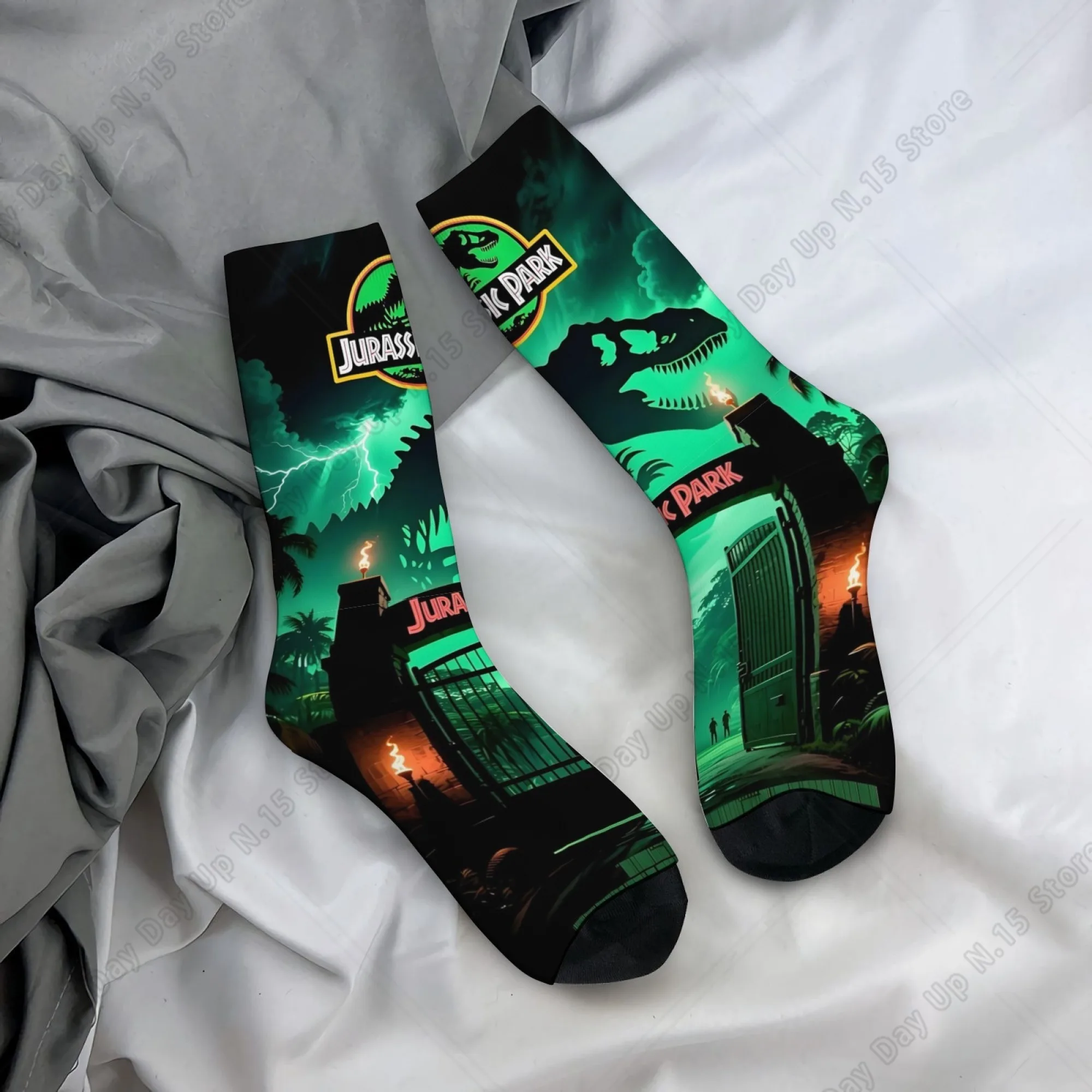

Mysterious Jurassic Park Anime Socks Harajuku Style Comfortable Casual Stylish Men's Socks Novelty Funny Happy Hip-Hop Socks