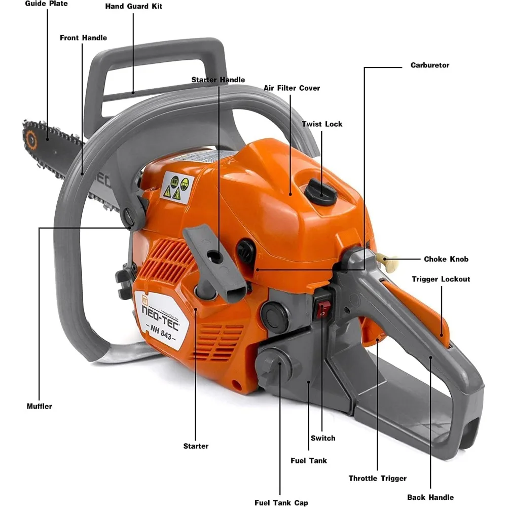 منشار غاز 43cc، رأس طاقة NH843 مع شريط ودليل سلسلة 16 بوصة، منشار سلسلة الطاقة 2.95HP 2,2KW 16 بوصة مناشير البنزين