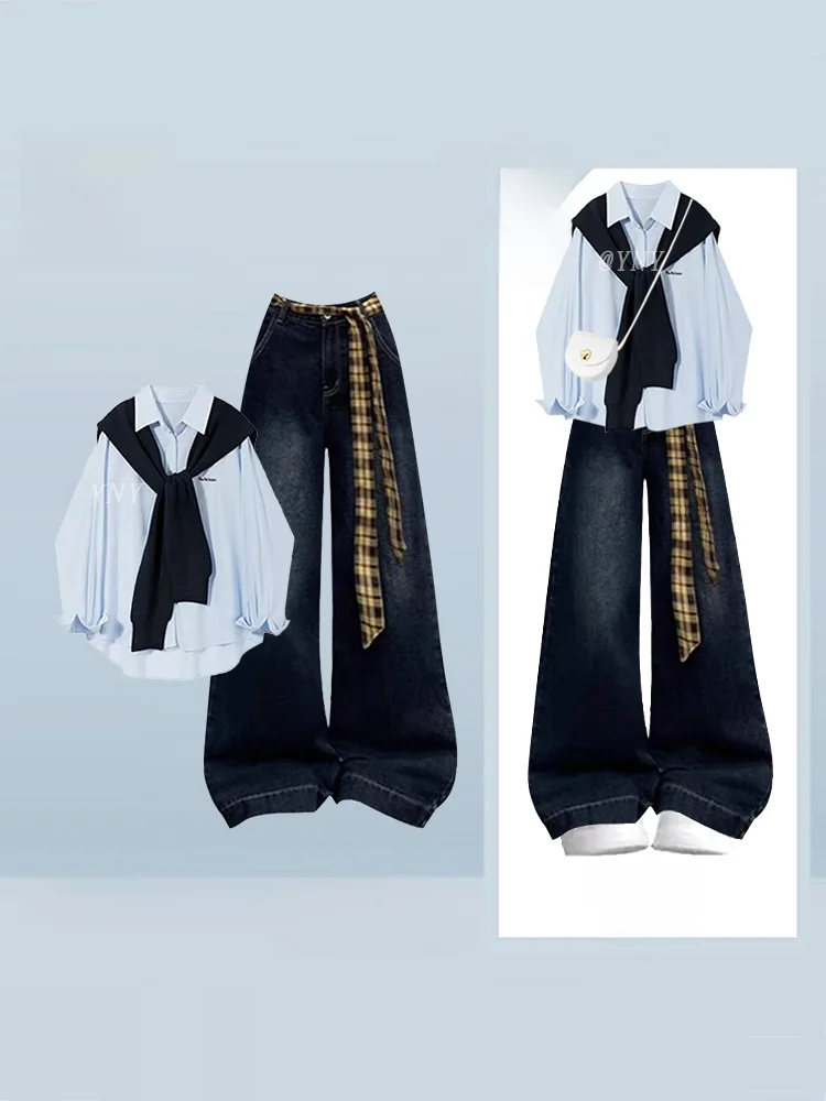 

Большие размеры, синий длинный комплект све и шарф с высокой талией, широкие джинсы, повседневная осенне-зимняя женская одежда Faion