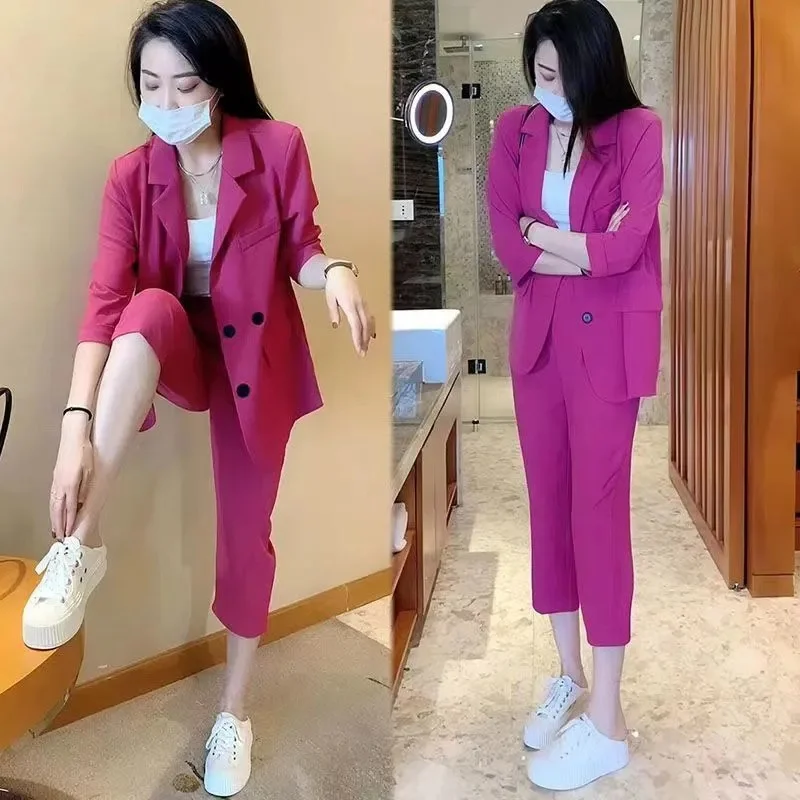 4XL Suit For Women's 2024 Summer Suits New Korean Fashion With Split Back Blazer Casual Capris Two-Piece Set Black Yellow Sure C