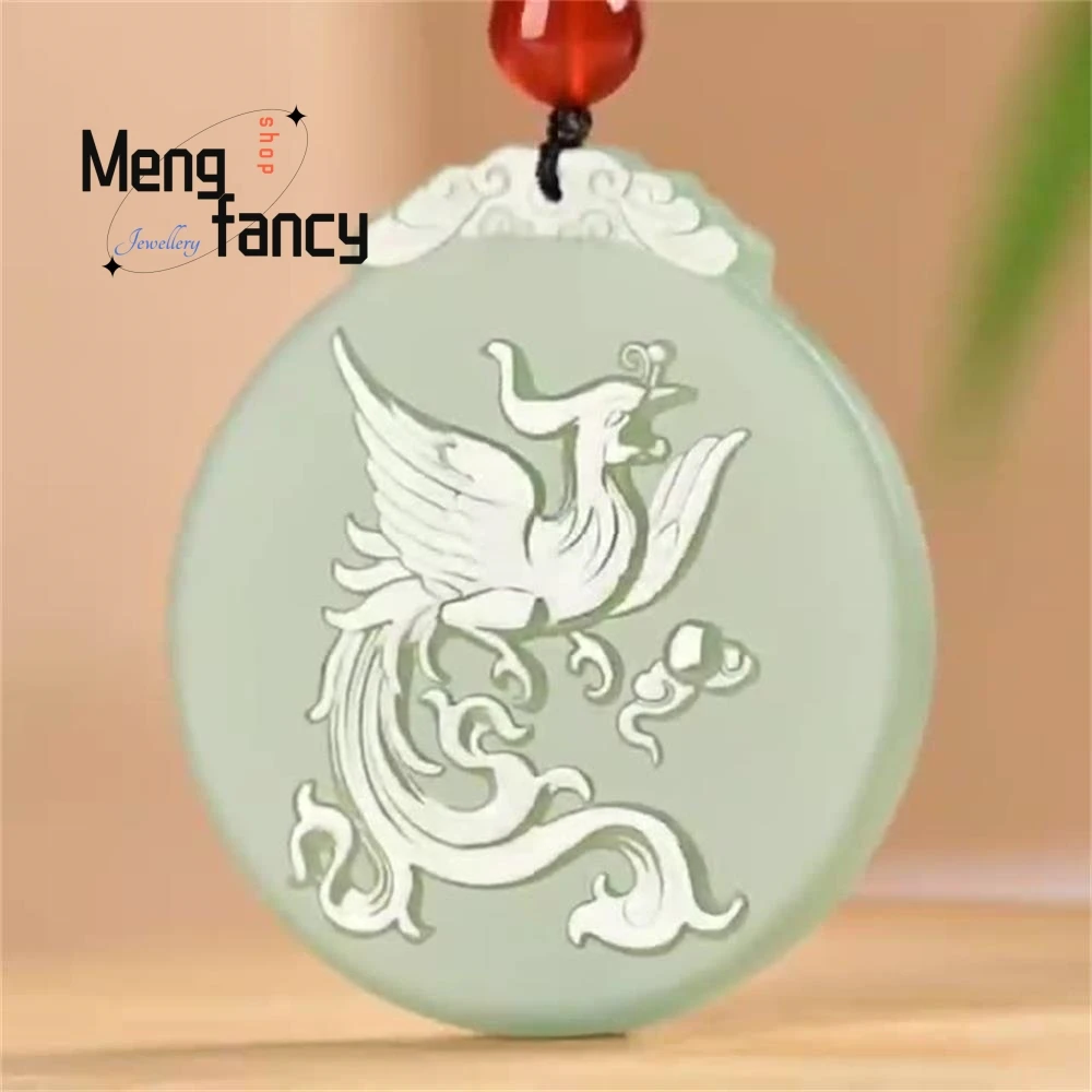 Natural Hetian Green Jade Dragon and Phoenix Plaque Pendant Zodiac Exquisite Elegant Simple High-grade Couple Fashion Jewelry