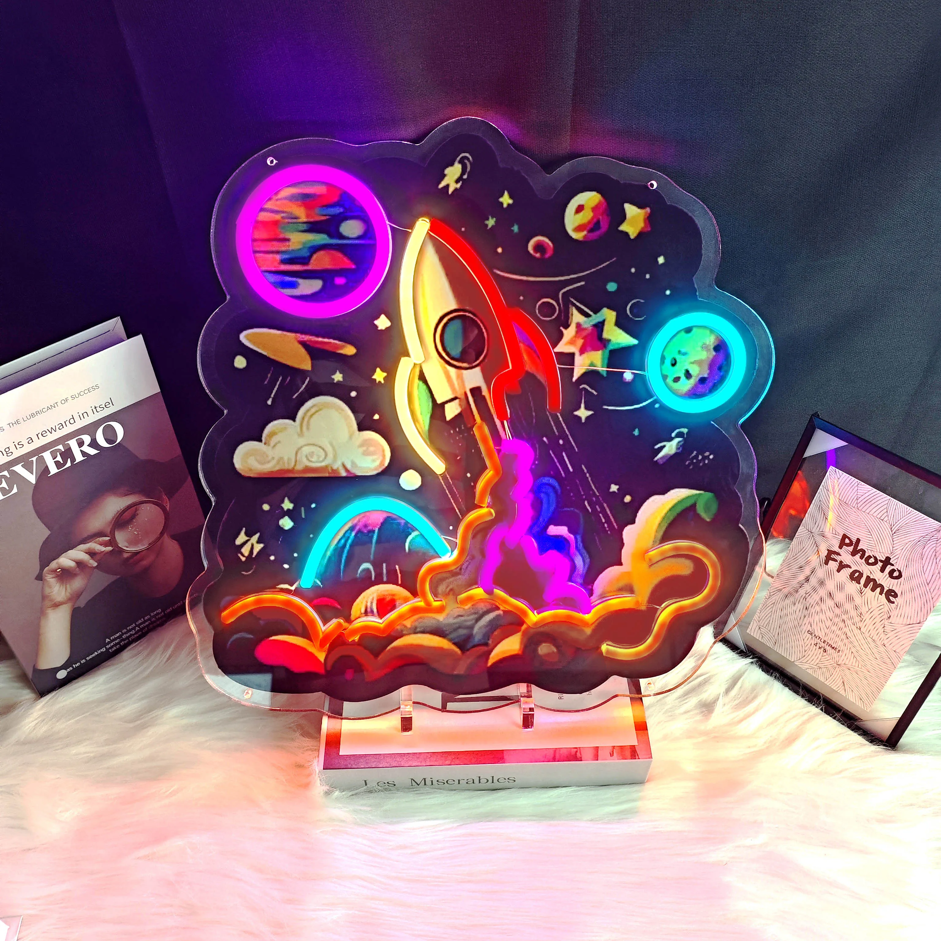 

1 rocket launch neon sign, UV printed LED sign, boy's birthday gift space, Galaxy neon sign, bar club, game room sign