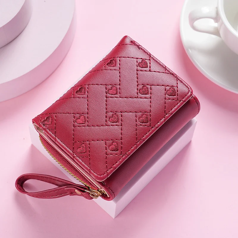 Cute Embroidery Love Women's Short Wallet PU Leather Fold Card Holder Mini Coin Purse With Zipper Luxury Ladies Money Clip