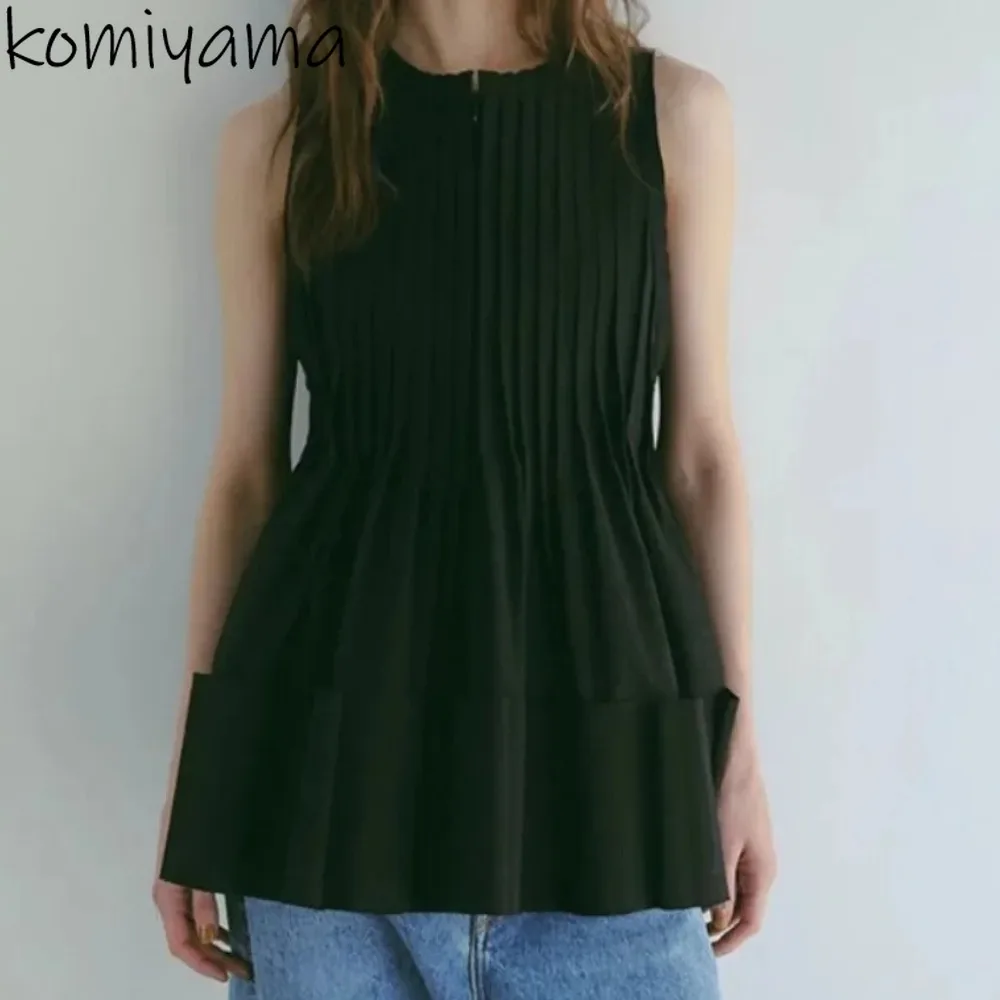 

Japan Sleeveless Clothing Summer Ruffles Pleated Ropa De Mujer 2025 New Clothes Woman Loose O-Neck Top Fashion Simple Tops