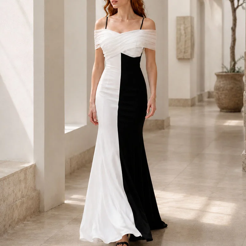 Elegant Hollow Slim Evening Dress Fashion Color-blocking Splicing Suspender Dress Women Casual Short Sleeve Waist Mermaid Dress