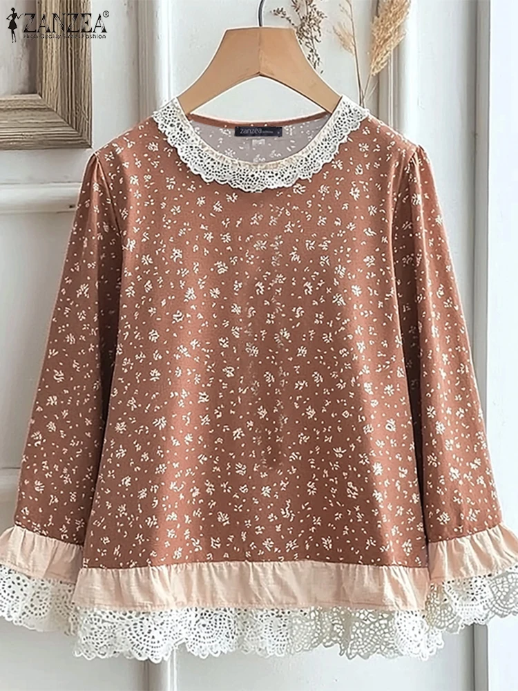 Bohemian Printed Colorblock Tops ZANZEA Women Lace Stitching Blouse Korean Sweety O-neck Blusas Holiday Autumn 2024 Loose Tunics