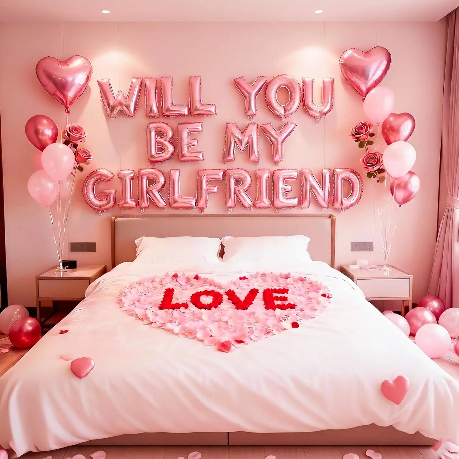 Rosa-Rote Folienballons mit Schriftzug 'Willst Du Meine Freundin Sein?' und Herzballon für Valentinstag-Dekorationen – Detail 5
