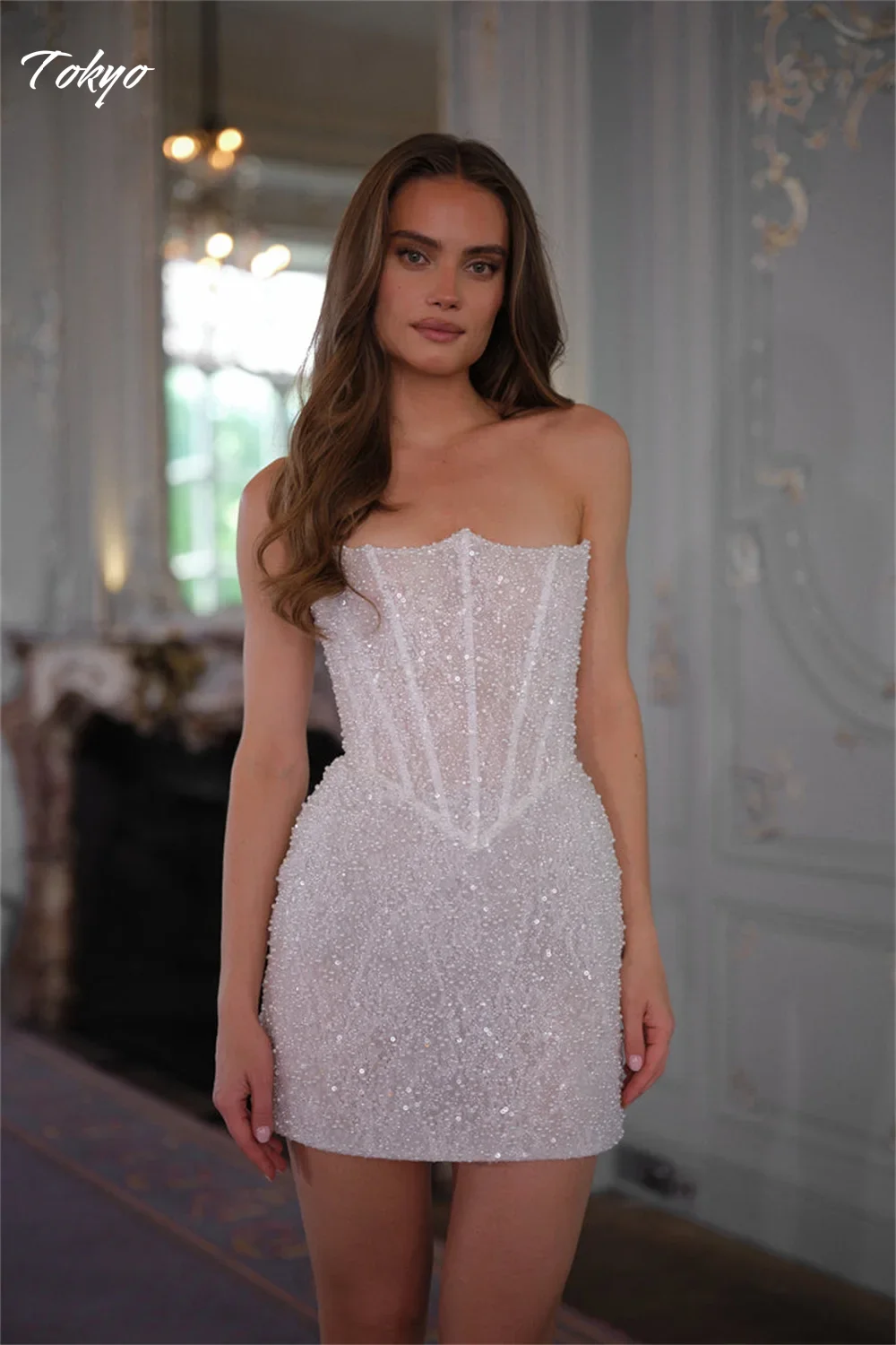 東京カスタムアイボリーコルセットミニウェディングドレスオフショルダーシャイニーシークインウェディングドレスエレガントノースリーブパーティガウン2025