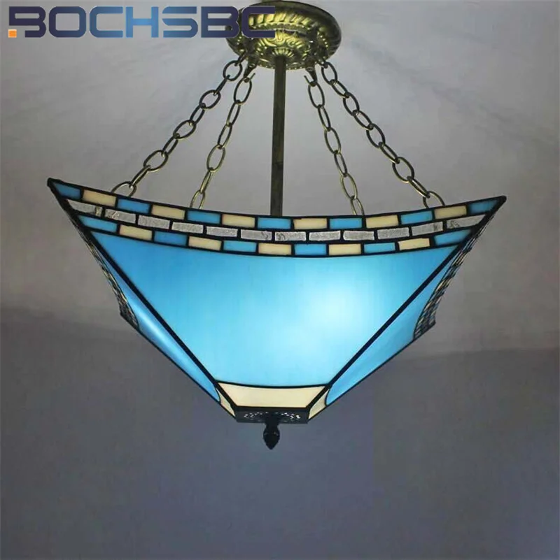 

BOCHSBC Tiffany style stained glass Mediterranean inverted pendant light for living room dining room bedroom aisle LED decor