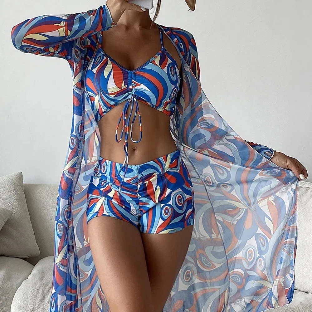 New Summer Women Sexy 3 Pieces Suit Floral Print Swimwear Drawstring Bikini SeT Holiday Beachwear Bodysuit Overall Swimsuit