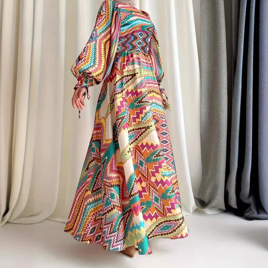 Long Abstract Printed Dress Abayas for Women High Waist for Party Long Sleeve Loose Robe O Neck Dubai Abayas Turkish Clothing