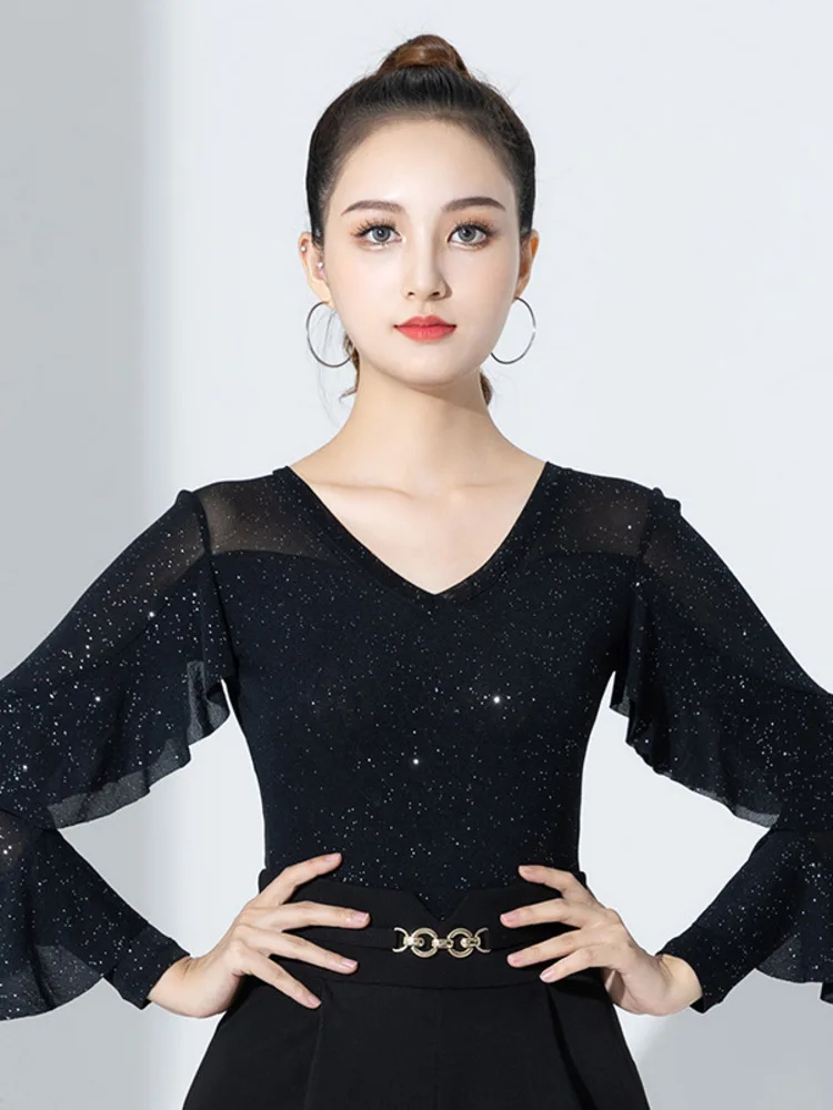 여성 라틴 댄스 탑 메쉬 프릴 긴 소매 장착 블라우스 살사 바차타 공연 의상 무대 경쟁 착용