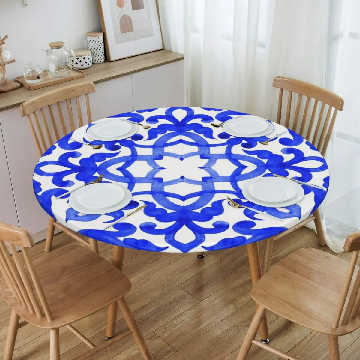 Portuguese Azulejo Tiles Waterproof Round Tablecloth Oilproof Table Cloth for Kitchen Events Dining Table Cover