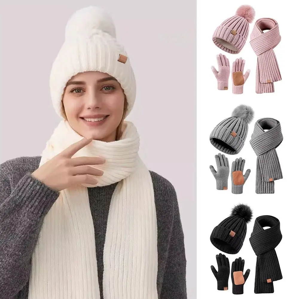 3 stks/set Winter Warm Vrouwen Hoeden Sjaal Handschoenen Set Gehoorbescherming Zachte Gebreide Muts antislip Winddicht Beanie Cap sjaal Outdoor