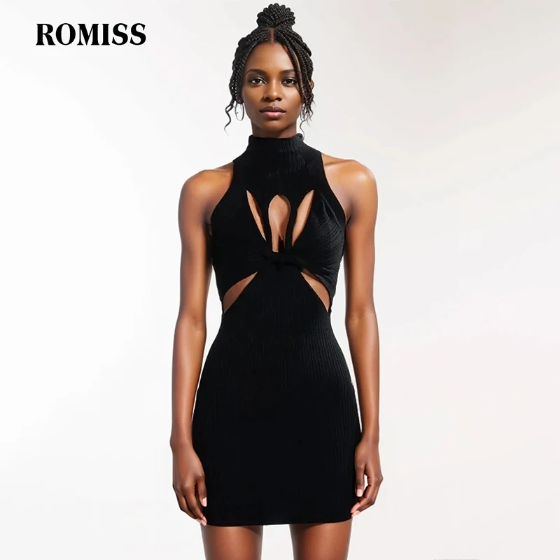 ROMISS Solid Crisscross Folds Slimming Dresses For Women Turtleneck Sleeveless High Waist Casual Hollow Out Mini Dress Female