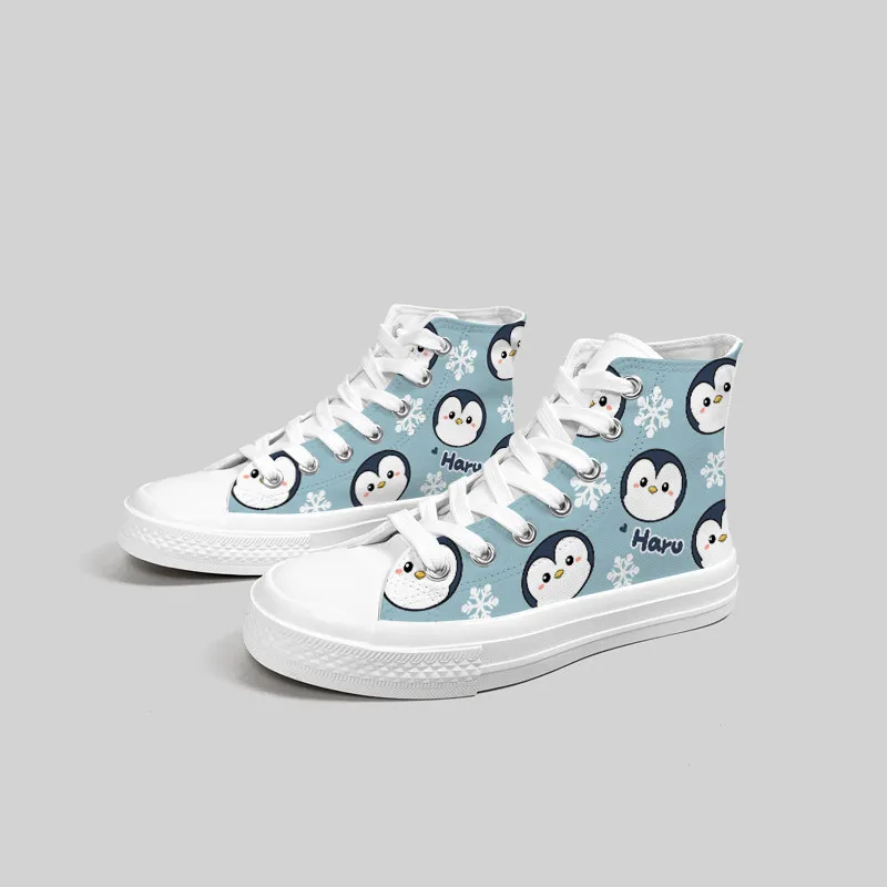 

Милые женские высокие кеды с принтом мультяшного пингвина, повседневные кроссовки на шнуровке в корейском стиле для студентов