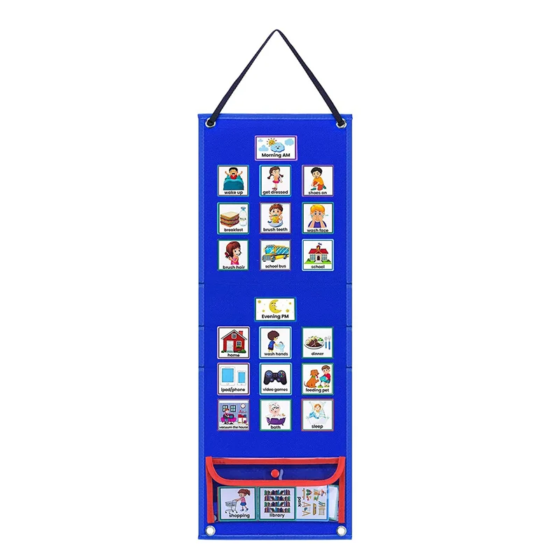 Well Made-Visual Schedule For Kids Daily Routine Chart With 70 Cards Blue Felt Autism Learning Behavioral Tool For School