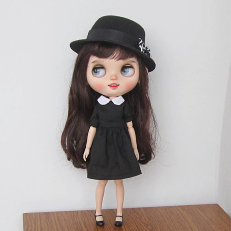 New Handmade Blyth Clothes Round Neck Short Sleeve Black Dress and Top Hat for Barbie Blythe OB24 Azone 1/6 Doll Accessories