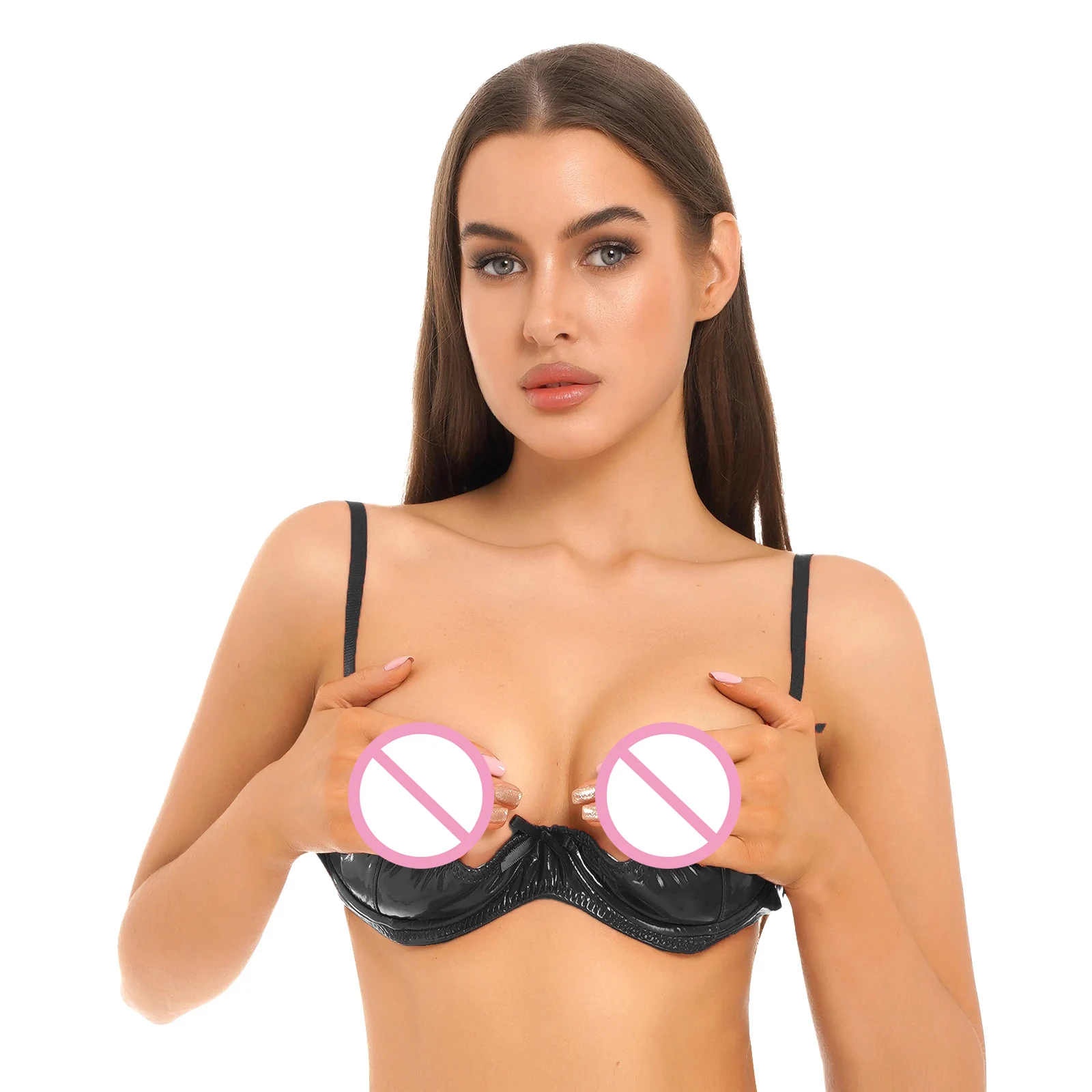 Womens Lingerie Open Breast Cup Bra Patent Leather Underwired Bra Underwear Adjustable Shoulder Straps Unlined Cupless Brassiere