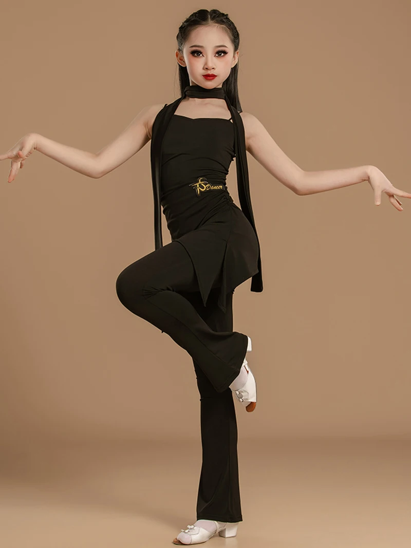 Kids Girls Latin Dance High Waist Micro Trumpet Tassel National Standard Long Pants Training Suit Professional Dancewear Costume