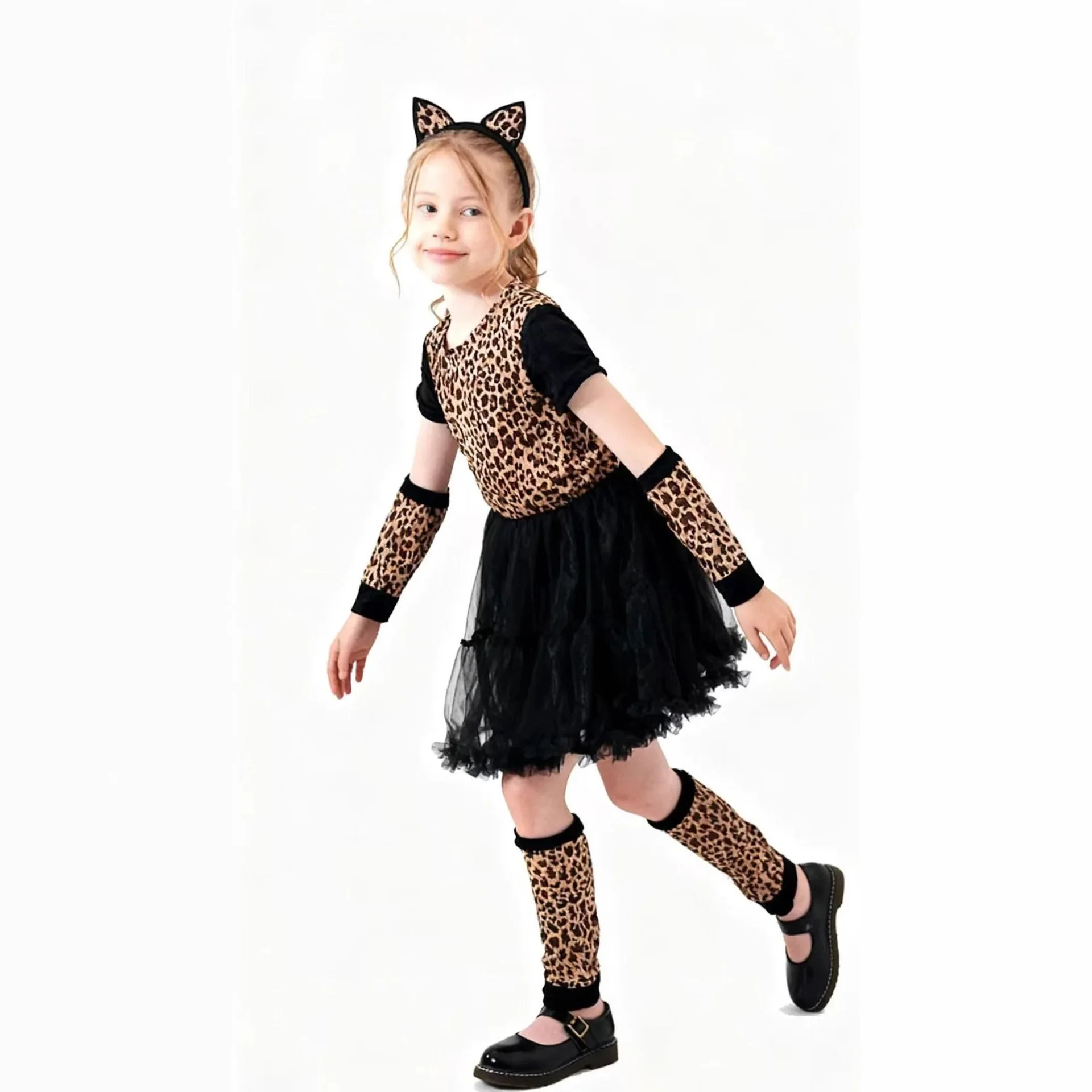 Halloween Mädchen Katzen-Cosplay-Kostüm Kinder Leopardenmuster Tutu-Kleid-Set mit Katzenohren-Stirnband für Karneval, Kostümparty, Bühne – Detail 4