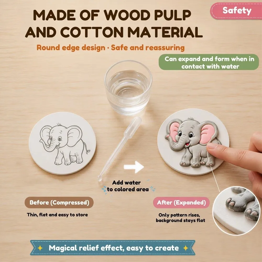 10Pcs Wood Pulp Fiber Foam Texture Paper 3D Texture Ronud Water Expand Art Paper Water Expandable Sponge Canvas Board