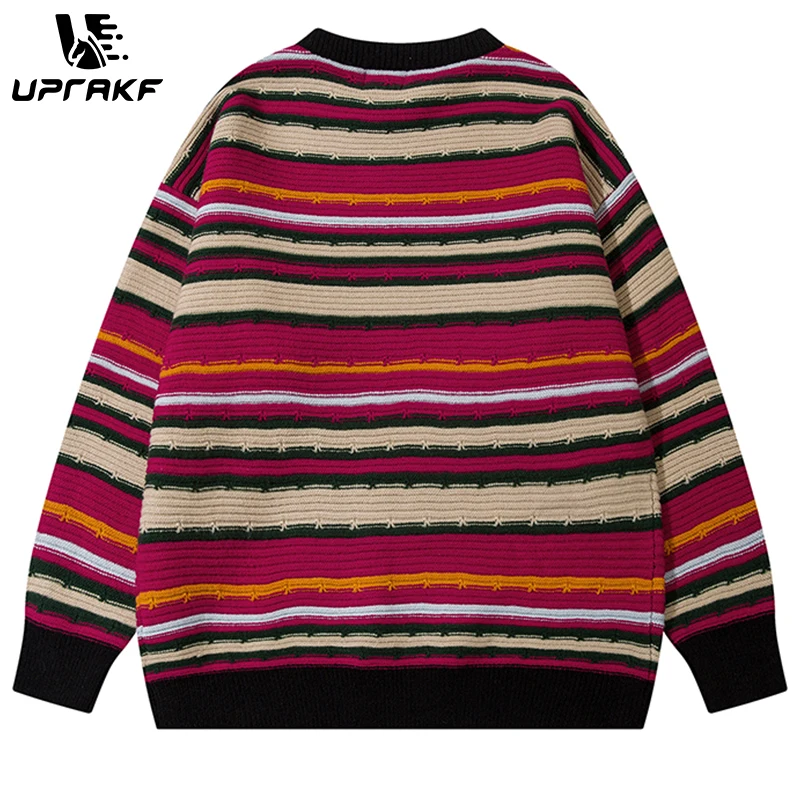 UPRAKF Striped Sweater Loose Pullover Winter Long Sleeves Casual Trendy O-Neck Fashion Warm Autumn