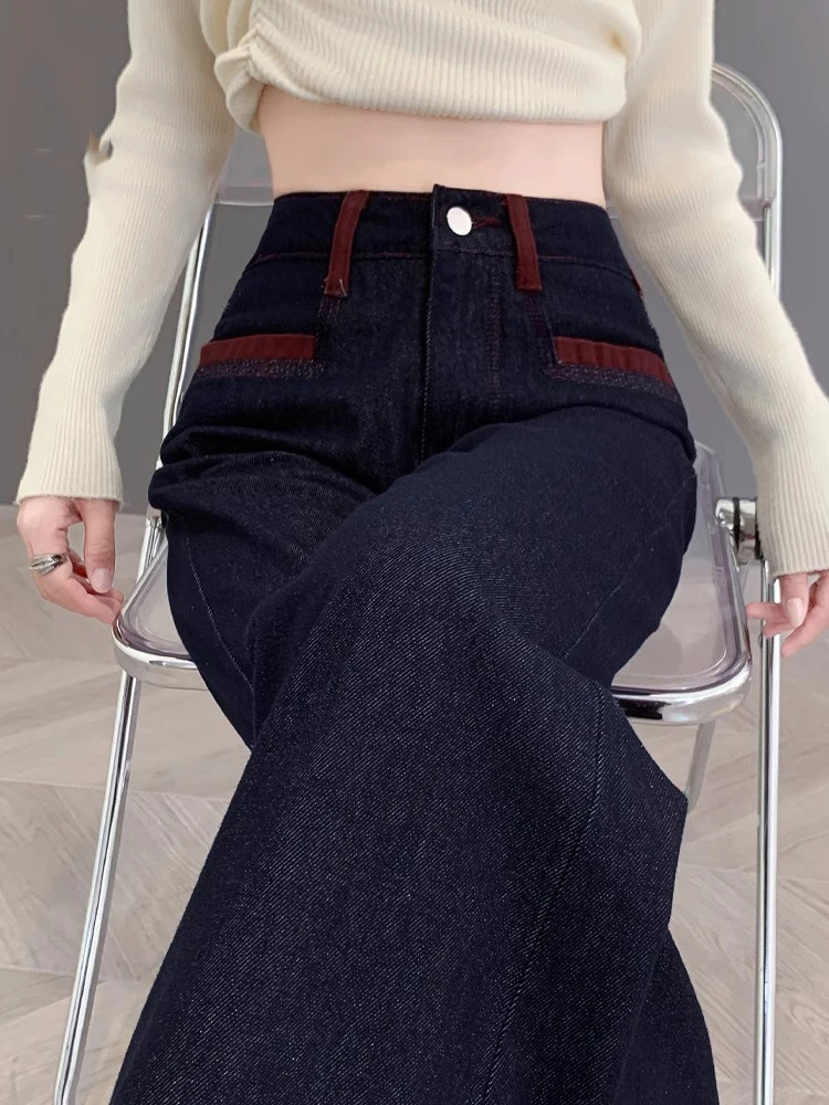 

Джинсы с высокой талией и расклешенными штанинами, женские, длинные, струящиеся, в пол, темно-синие, повседневные, осенне-зимние, новинка, большие размеры