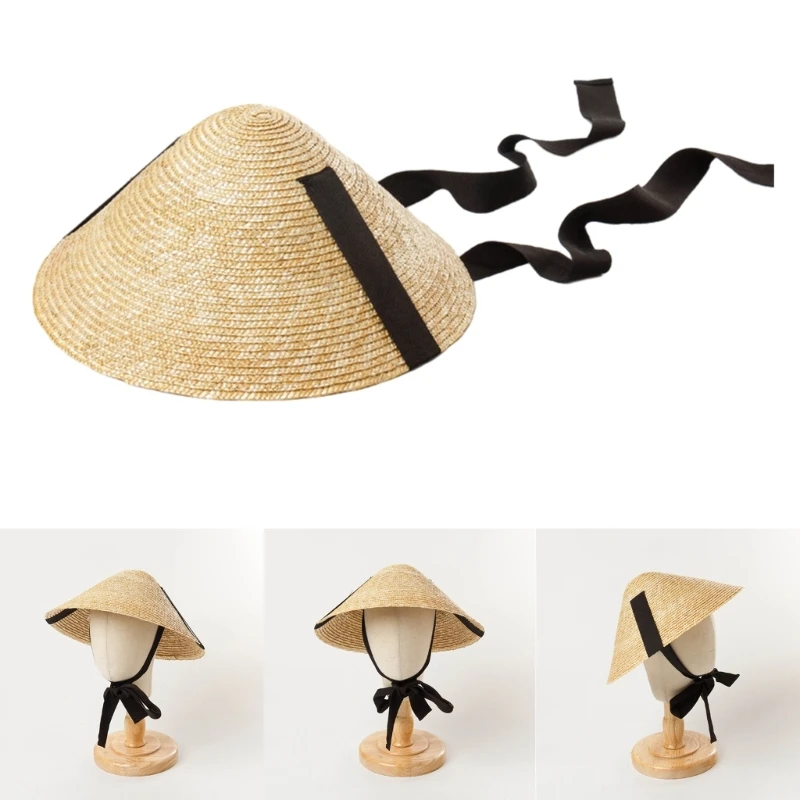 Unisex Straw Weaving Cone Hat Chinese Style Summer Outdoor Cone Hat Traditional Handmade Hat for Kids Taking Photo