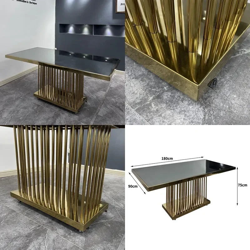 Customized Movable Wheel Commercial Light Luxury Wedding Banquet Table for Stainless Steel Glass Rectangular Household Dining