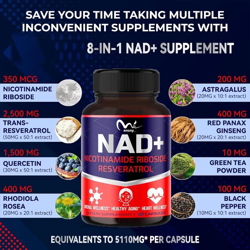 NAD+supplement contains 60 capsules of niacinamide nucleoside, resveratrol, quercetin, cell energy, and repair of healthy aging