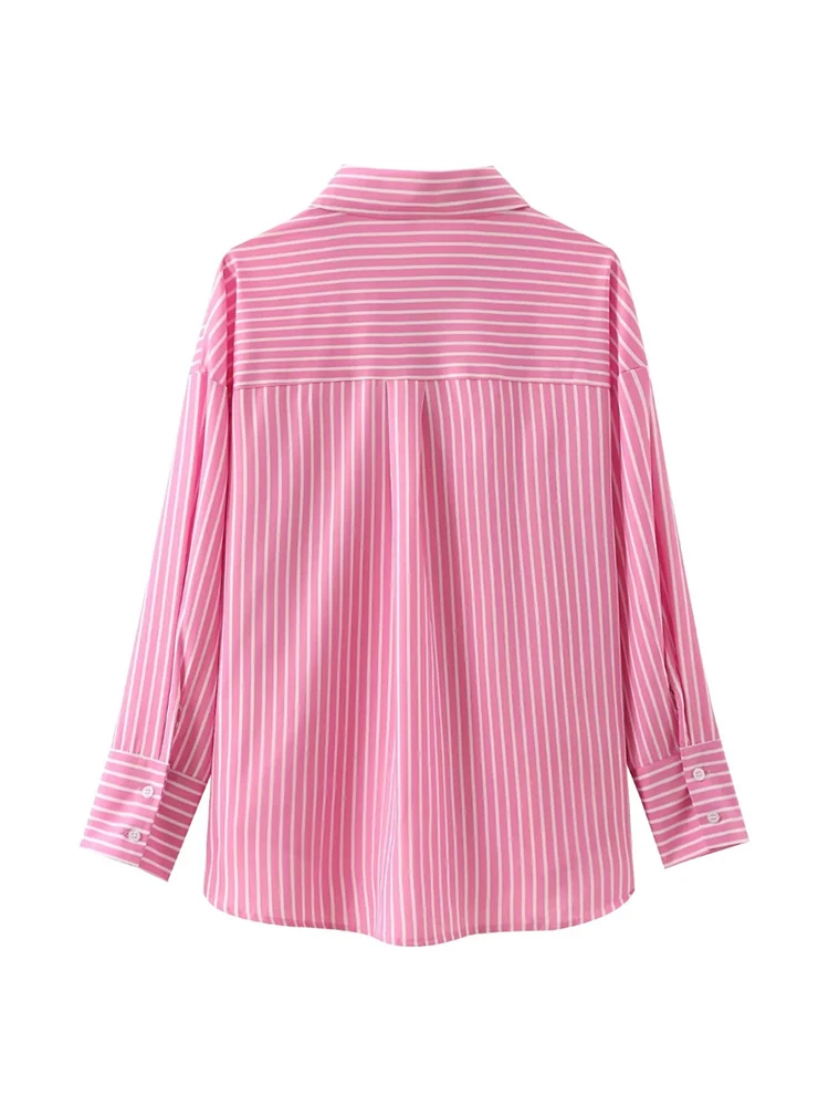 Long sleeve shirt for women, casual, classic style, striped print, long sleeve, loose, pink, office, summer, 2024