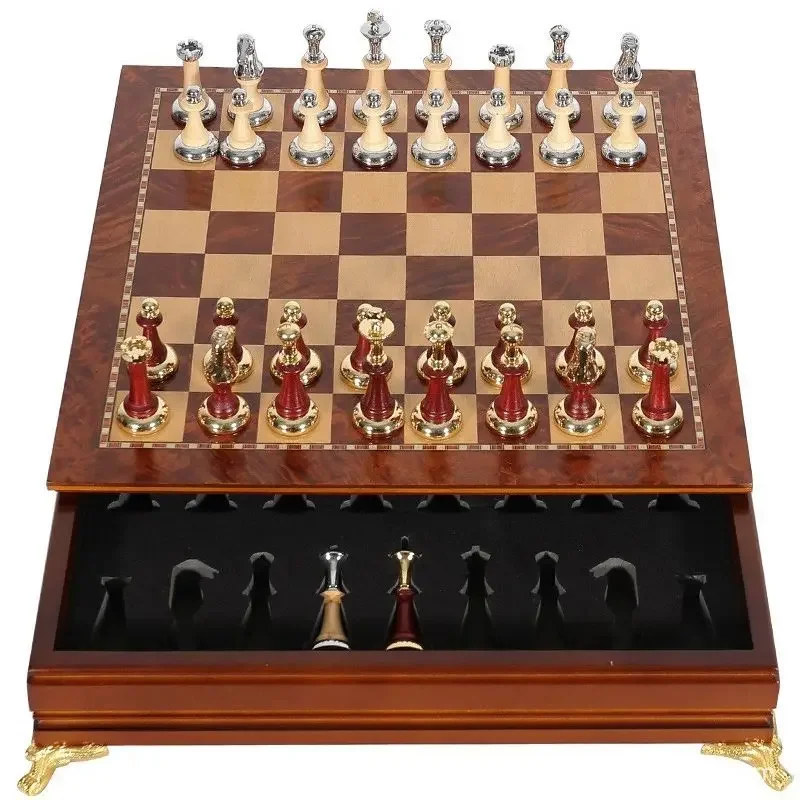 Deluxe drawer chess solid wood chess inlaid metal desktop ornament